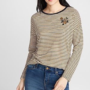 Brown stripes and embroidered flowers linen long sleeve tee NWT